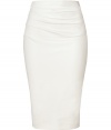 Make a bold statement in this figure flattering pull on pencil skirt from Donna Karan -  High-waisted, fitted silhouette, draped front, twisted seam detail - Pair with opaque tights, an oversized cashmere sweater or silk blouse, and statement heels