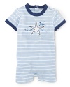 A short-sleeved striped shortall in soft cotton jersey is accented for a preppy nautical-inspired look with a starfish patch and faded print.
