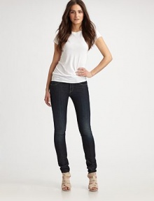 Soft, dark-rinse denim, crafted in a long and lean skinny silhouette.THE FITMid rise Skinny leg Rise, about 8 Inseam, about 32THE DETAILSZip fly Button closure Five-pocket style 98% cotton/2% elastane Machine wash Made in USA Soft, dark-rinse denim, crafted in a long and lean skinny silhouette.THE FITMid rise Skinny leg Rise, about 8 Inseam, about 32THE DETAILSZip fly Button closure Five-pocket style 98% cotton/2% elastane Machine wash Made in USA