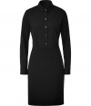 Get chic two-in-one style thats perfect for the office with this combo dress from Theory - Stand collar, long sleeves, front button half placket, fitted pencil skirt, back slit - Style with a cashmere cardigan and classic pumps