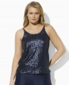 Lauren by Ralph Lauren's slinky georgette plus size camisole is designed with a sequined mesh overlay to lend glamour to an effortlessly sexy essential.