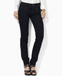 Lauren Jeans Co.'s modernized straight-leg jean channels a chic moto influence in sleek stretch denim with zip pockets at the hips.