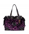 Inject eye-catching style into your statement handbag collection with Juicy Coutures iconic Daydreamer tote in bright leopard printed velour - Black shield logo plate, black leather trim, grosgrain bows, side slit pockets, key fob, inside zippered and slot pockets - Perfect for adding a kick of cool to your glamorous looks