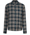 Work a rugged edge into casual cool looks with James Perses modern plaid shirt - Classic collar, long sleeves, buttoned cuffs, button-down front - Slim fit - Wear with jeans or chinos and bright desert boots