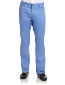 THE LOOKTopstitching detailsBanded waist with belt loopsFront zip with button closureFive-pocket styleStraight legBack logo patchBack welt and patch pocketsTHE FITRise, about 10Inseam, about 34THE MATERIAL73% cotton/25% polyester/2% elastaneCARE & ORIGINMachine washImported THE LOOKTopstitching detailsBanded waist with belt loopsFront zip with button closureFive-pocket styleStraight legBack logo patchBack welt and patch pocketsTHE FITRise, about 10Inseam, about 34THE MATERIAL73% cotton/25% polyester/2% elastaneCARE & ORIGINMachine washImported