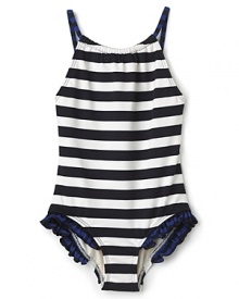 Juicy Couture Girls' Striped Mailot Swimsuit - Sizes 2-12 Juicy Couture Girls' Striped Mailot Swimsuit - Sizes 2-12