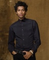 Dress to impress in a cotton poplin tuxedo shirt, complete with a classy wing-tip collar and pleated bib at the front.