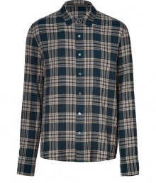 Work a rugged edge into casual cool looks with James Perses modern plaid shirt - Classic collar, long sleeves, buttoned cuffs, button-down front - Slim fit - Wear with jeans or chinos and bright desert boots Work a rugged edge into casual cool looks with James Perses modern plaid shirt - Classic collar, long sleeves, buttoned cuffs, button-down front - Slim fit - Wear with jeans or chinos and bright desert boots