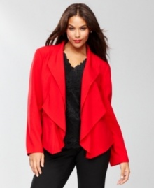 Add a feminine touch to your wardrobe in INC's plus size blazer, complete with a draped lapel. Add a feminine touch to your wardrobe in INC's plus size blazer, complete with a draped lapel.
