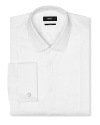 Slim fit tuxedo dress shirt with intricate pintuck detail in front. Covered placket except top button showing, tonal textured stripes. Small point collar. French cuffs.
