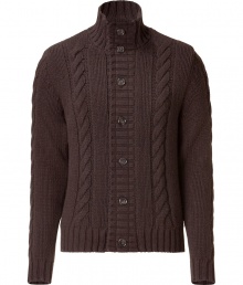 Luxurious cardigan in fine, dark brown wool - Elegant, flattering quality - Fashionable version of the classic cardigan, with a stand-up collar and button placket - Slim, moderately long, with a decorative cable stitch - A classic from Etro that always looks great - A nice easy piece for everyday, casual AND exclusive - Pair with jeans, office trousers or chinos Luxurious cardigan in fine, dark brown wool - Elegant, flattering quality - Fashionable version of the classic cardigan, with a stand-up collar and button placket - Slim, moderately long, with a decorative cable stitch - A classic from Etro that always looks great - A nice easy piece for everyday, casual AND exclusive - Pair with jeans, office trousers or chinos
