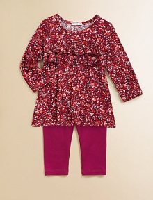 An essential tunic is lovingly adorned with a floral print and ruffles and paired with matching leggings. Tunic CrewneckLong sleevesPullover styleRuffled bodice Leggings Elastic waistband96% rayon/4% spandexMachine washImported An essential tunic is lovingly adorned with a floral print and ruffles and paired with matching leggings. Tunic CrewneckLong sleevesPullover styleRuffled bodice Leggings Elastic waistband96% rayon/4% spandexMachine washImported