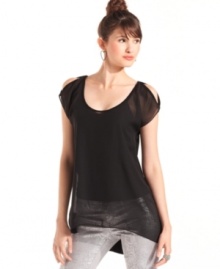 Wispy chiffon and a chic, high-low hem makes this relaxed top an ideal layering piece! From Pretty Rebellious. Wispy chiffon and a chic, high-low hem makes this relaxed top an ideal layering piece! From Pretty Rebellious.
