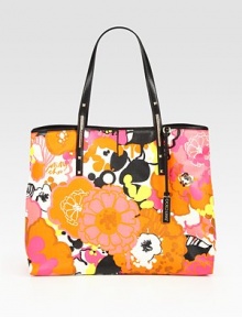 Vibrant floral-print leather in a roomy tote carryall.Double top handles, 9¼ dropTop snap closureOne inside zip pocketOne inside open pocketCotton lining16W X 13H X 7½DMade in Italy Vibrant floral-print leather in a roomy tote carryall.Double top handles, 9¼ dropTop snap closureOne inside zip pocketOne inside open pocketCotton lining16W X 13H X 7½DMade in Italy