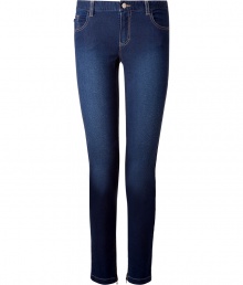 Skinny jeans in deep blue stretch cotton with contrasting stitching - Features a traditional design with five-pocket styling and a waistband with belt loops - Slightly faded wash - Flattering fit highlights backside and lengthens the legs - Perfect jeans for work or play - Wear with button down shirt, blazer and heels at the office or with a favorite tee and flats for the weekend Skinny jeans in deep blue stretch cotton with contrasting stitching - Features a traditional design with five-pocket styling and a waistband with belt loops - Slightly faded wash - Flattering fit highlights backside and lengthens the legs - Perfect jeans for work or play - Wear with button down shirt, blazer and heels at the office or with a favorite tee and flats for the weekend