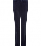 Channel the sophisticated side of the 1970s in these luxe corduroy trousers from Etro - Flat front, belt loops, off-seam pockets, back welt pockets with buttons, creasing at legs - Style with a matching blazer, a printed button down, and suede ankle boots