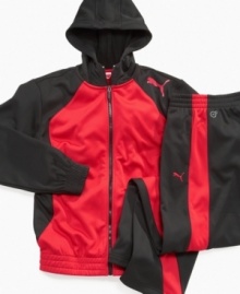 Zip up this jacket to block out the cold and wind, it's a sporty, streamlined look from Puma. Zip up this jacket to block out the cold and wind, it's a sporty, streamlined look from Puma.