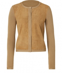 Elegant cotton-knit cardigan with soft suede detail is a timeless piece that adds sophistication to any wardrobe - Features long, slim sleeves, high, rounded collar and short waist - Stitched panels of luxurious suede at front give subtle style to the piece - Wear to the office with a pencil skirt and silk top and stiletto heels, or with fitted trousers and kitten heels