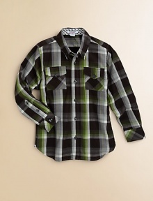 A sophisticated woven plaid for your young man in crisp cotton for a grown-up look.Button-down collarButton placketTwo button-flap patch chest pocketsLong sleeves with button cuffsCottonMachine washImported Please note: Number of buttons may vary depending on size ordered. 