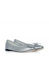 Bring the bling in these bold silver ballet flats from Repetto - Classic ballet flat styling, front bow detail, leather sole, low heel, shiny silver metallic leather - Pair with a full skirt and a tie-front top or a frilly mini dress