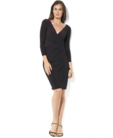 Lauren Ralph Lauren's  sleek matte jersey dress is crafted with chic draping at the bodice to create a figure-flattering silhouette.