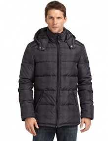 THE LOOKStand collarRemovable hood with snap throat tabZip frontZip slash pocketsKnit storm cuffsElbow patch detailSubtle, allover plaid patternTHE FITAbout 27 from shoulder to hemTHE MATERIALShell: 90% polyester/10% woolFill: 80/20 duck downFully linedCARE & ORIGINDry clean Imported THE LOOKStand collarRemovable hood with snap throat tabZip frontZip slash pocketsKnit storm cuffsElbow patch detailSubtle, allover plaid patternTHE FITAbout 27 from shoulder to hemTHE MATERIALShell: 90% polyester/10% woolFill: 80/20 duck downFully linedCARE & ORIGINDry clean Imported