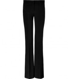 Luxe pants in fine, black synthetic fiber blend - New, feminine silhouette is long, lean and undeniably flattering - Crease detail from knee to hem lengthens the leg, slimming asymmetric seams at hip contour curves - Narrow cut widens into a slightly flared leg - Sophisticated and sexy, a must for day or evening - Style with a tie-neck blouse, blazer and platform pumps