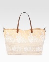 Stash your essentials in this roomy silhouette of woven straw finished with gorgeous lace embroidery.Leather double top handles, 8¾ dropTop snap closureProtective metal feetOne inside zip pocketTwo inside open pocketsCotton lining15¾W X 12H X 7½DMade in Italy