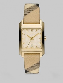A crisp style with haymarket check strap. Quartz movement Water resistant to 5 ATM Rectangular gold ion-plated stainless steel case, 25mm (1) X 29 (1.1) Smooth bezel Check etched champagne dial Bar hour markers Date display at 6 o'clock Second hand Haymarket check strap, 16mm wide (0.6) Made in Switzerland A crisp style with haymarket check strap. Quartz movement Water resistant to 5 ATM Rectangular gold ion-plated stainless steel case, 25mm (1) X 29 (1.1) Smooth bezel Check etched champagne dial Bar hour markers Date display at 6 o'clock Second hand Haymarket check strap, 16mm wide (0.6) Made in Switzerland