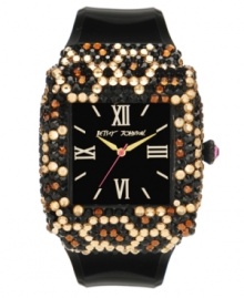 A little embellishment never hurt anyone. Betsey Johnson watch crafted of black plastic strap and square black alloy plastic case. Case and bezel embellished with multicolor crystal accents. Black dial features Roman numerals at twelve, three, six and nine o'clock, gold tone hour and minute hands, fuchsia second hand and logo. Quartz movement. Water resistant to 30 meters. Two-year limited warranty. A little embellishment never hurt anyone. Betsey Johnson watch crafted of black plastic strap and square black alloy plastic case. Case and bezel embellished with multicolor crystal accents. Black dial features Roman numerals at twelve, three, six and nine o'clock, gold tone hour and minute hands, fuchsia second hand and logo. Quartz movement. Water resistant to 30 meters. Two-year limited warranty.