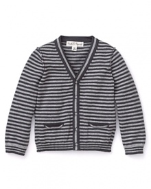 All-over stripes add classic preppy charm with a sprinkle of whimsy to a cotton cardigan from Pearls & Popcorn. All-over stripes add classic preppy charm with a sprinkle of whimsy to a cotton cardigan from Pearls & Popcorn.