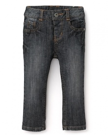 Pearls & Popcorn delivers essential five pocket jeans with slight distressing--must-haves with cableknit sweaters and basic tees. Pearls & Popcorn delivers essential five pocket jeans with slight distressing--must-haves with cableknit sweaters and basic tees.