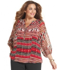 Electrify your neutral bottoms with Calvin Klein's three-quarter-sleeve plus size top, featuring a lively print.