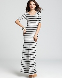Aqua Dress - Elbow Sleeve Stripe Maxi
