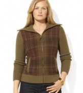 Knit in cozy lambswool, Lauren Ralph Lauren's full zip plus size cardigan is finished with a muted plaid pattern at the front and chunky knit funnel neckline for style and warmth.