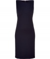 Luxe dress in fine, navy cotton stretch blend - Sheath style hits just above the knee and creates a flattering, curve-hugging silhouette - Fitted bodice with round neckline - The sexy, standout details: back zip extends from nape of neck to hem, bandeau-like seam embellishment at chest - Perfect for parties, dressy luncheons and evenings out - Pair with strappy sandals or classic pumps and a clutch