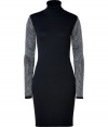 Work an note of urban glamour into your edgy knitwear collection with Versaces ultra cool metallic knit sleeve dress - Turtleneck, long sleeves, black trim - Form-fitting silhouette - Team with edgy ankle boots and a flash of metallic accessories