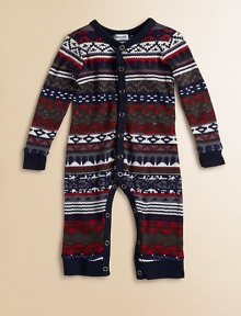 Comfy snap-front silhouette with a rich fair isle-inspired print. V-neckLong sleeves with ribbed cuffsSnap front and bottomCotton/modal/spandexMachine washImported Comfy snap-front silhouette with a rich fair isle-inspired print. V-neckLong sleeves with ribbed cuffsSnap front and bottomCotton/modal/spandexMachine washImported