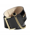 Cinch your look in ultra-luxe style with this chain-laden statement belt from McQ Alexander McQueen - Wide supple leather belt with gold-tone buckle, chain, and zip detail - Style with a diaphanous frock or over an oversized cardigan