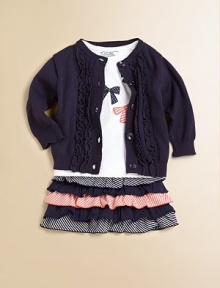 Plush cotton is transformed into a classic cardigan, featuring ruffle trim on the button placket.CrewneckLong sleevesButton frontRibbed cuffs and bottom bandCottonMachine washImported Please note: Number of buttons may vary depending on size ordered. 