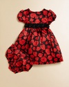 A brilliant, blooming rose print lends a marvelous touch to a puff-sleeved, charmeuse frock with matching bloomers.Round necklineShort puff sleevesBack buttonsWaist with sash tiePolyesterMachine washImported Please note: Number of buttons may vary depending on size ordered. 