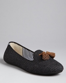 Charles Philip lends natty, preppy touches to these menswear-influenced smoking flats via checked tweed fabric and playful suede tassel. Charles Philip lends natty, preppy touches to these menswear-influenced smoking flats via checked tweed fabric and playful suede tassel.