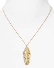 Feathers are fashion-forward favorite this season and Melinda Maria's gold-plated pendant is a delicate way to make the trend personal.