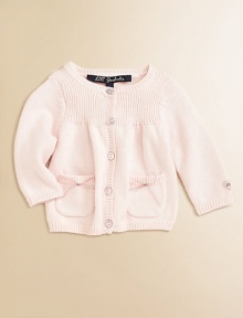 A charming layer with playful bows on the front and back.Ribbed crewneckButton frontLong sleeves with ribbed cuffsPatch side pocketsBack bow detailRibbed hem94% cotton/6% angoraMachine washImported Please note: Number of buttons may vary depending on size ordered. 