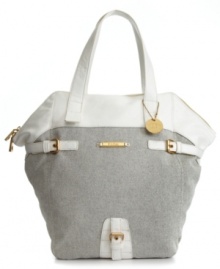 A modern shape with classic detailing. The Spectator Maya Bag from R&Em creates gorgeous appeal with shiny goldtone hardware, buckle accents and sleek contrast trim. A modern shape with classic detailing. The Spectator Maya Bag from R&Em creates gorgeous appeal with shiny goldtone hardware, buckle accents and sleek contrast trim.