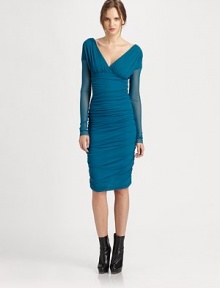 A mesh dress offering a body-hugging fit. This style is also complemented flawlessly by flattering ruched and gathered details.V-necklineLong sleevesEmpire waistRuched silhouetteFully linedAbout 29 from natural waistPolyamideDry cleanMade in Italy Model shown is 5'11 (180cm) wearing US size Small. A mesh dress offering a body-hugging fit. This style is also complemented flawlessly by flattering ruched and gathered details.V-necklineLong sleevesEmpire waistRuched silhouetteFully linedAbout 29 from natural waistPolyamideDry cleanMade in Italy Model shown is 5'11 (180cm) wearing US size Small.