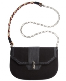 A daring take on the classic crossbody. This versatile silhouette features untamed python print accents with shiny silvertone hardware and a unique braid and chain detailed strap. A daring take on the classic crossbody. This versatile silhouette features untamed python print accents with shiny silvertone hardware and a unique braid and chain detailed strap.