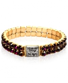 Make a statement with this stretch bracelet from RACHEL Rachel Roy. Crafted from gold-tone and silver-tone mixed metal, the bracelet also features purple glass stones while delivering a message. Approximate inner diameter: 2-1/4 inches. Approximate plate diameter: 1/2 inch.