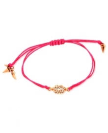 It's not just lip service: RACHEL Rachel Roy makes a strong fashion statement with this bracelet. The charm is crafted from gold-tone mixed metal and lies at the center of a wax cotton cord in a fun pink shade. Bracelet adjusts to fit wrist. Approximate length: 1/2 - 8 inches. Approximate diameter: 1/4 inch.