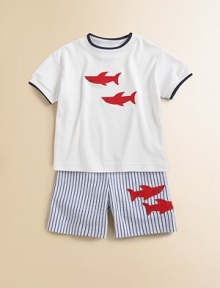 He'll be ready to swim with the sharks in this handsome and sporty knit.Ribbed crewneckShort sleeves with ribbed armbandsPullover styleCottonMachine washImported He'll be ready to swim with the sharks in this handsome and sporty knit.Ribbed crewneckShort sleeves with ribbed armbandsPullover styleCottonMachine washImported